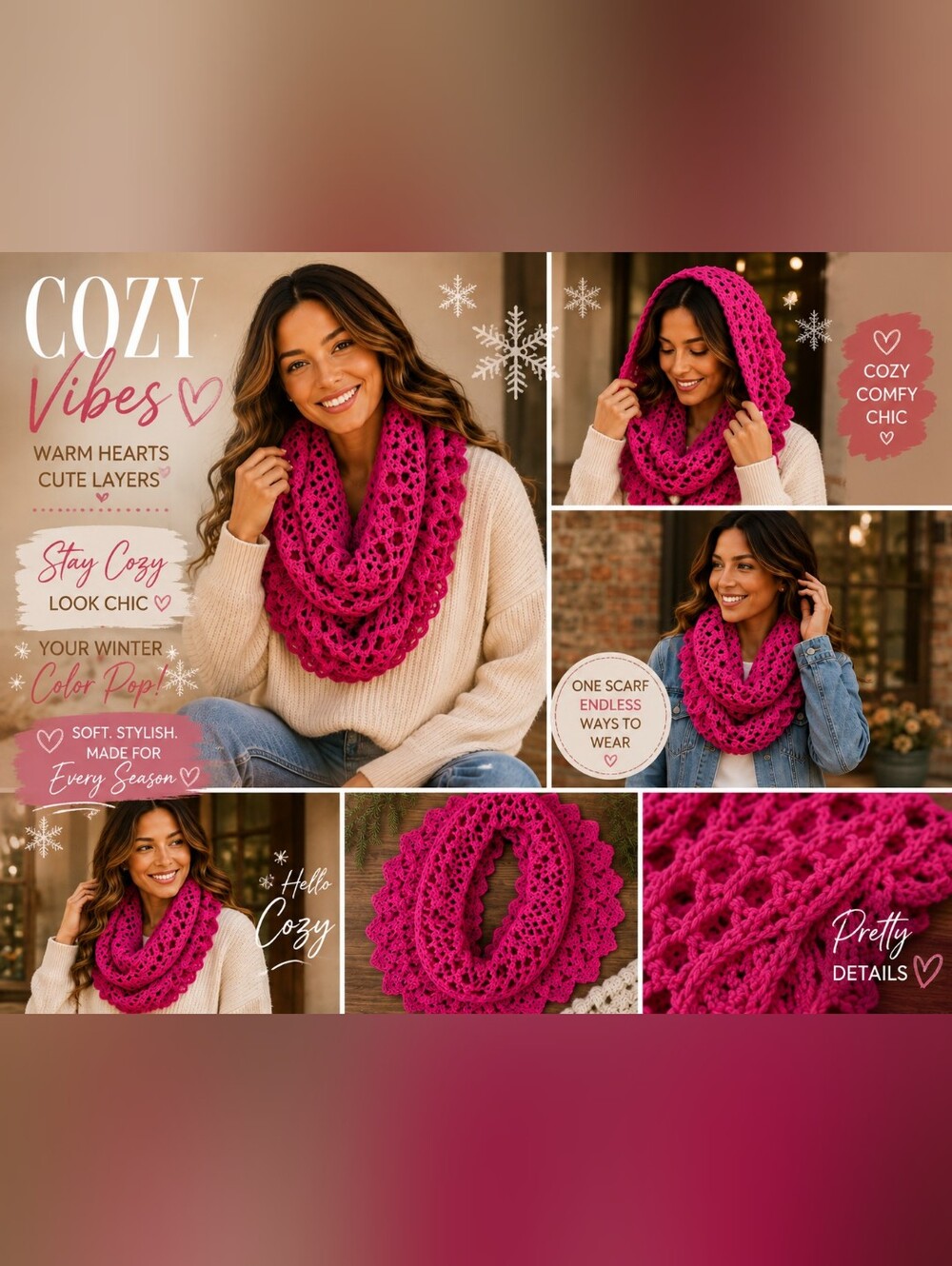 Fuchsia Pink Crochet Knit Infinity Cowl Scarf | Ruffle Loop Scarf
